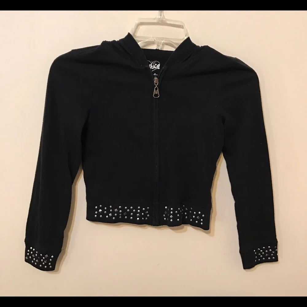Justice Girl's Full Zip Embellished Black Hooded Shirt Size 7